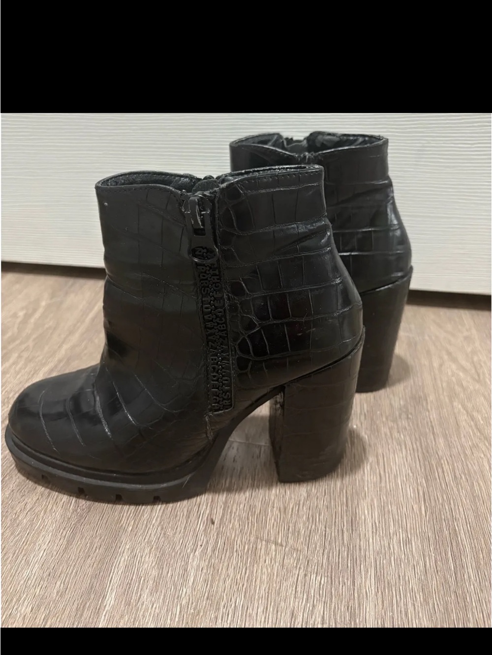 Black Croc-Embossed Block Heel Ankle Boots - Women